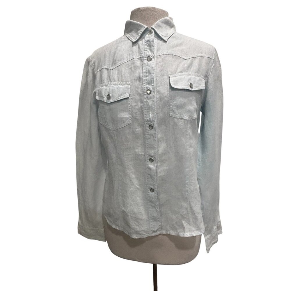 Sundance Catalog Linen Western Shirt Women M Pearl Snap Cowboy Boho USA Made - Picture 2 of 10